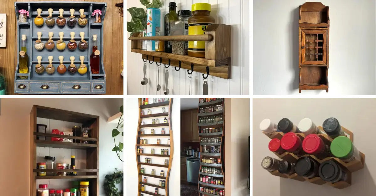 Collection of wooden wall mount spice racks showcasing various stylish and organized kitchen designs